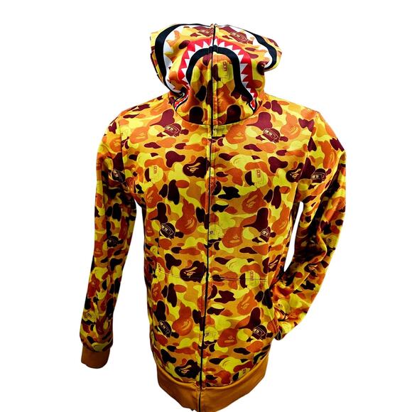 STREETWEAR CAMO SHARK FULL ZIP HOODIE SWEATSHIRT JACKET ORANGE YELLOW M 2368 - Picture 1 of 8